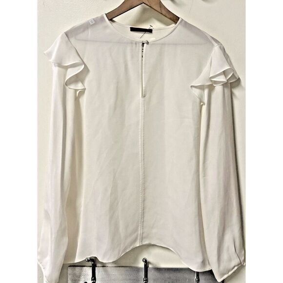 Carolina Herrera Women Size‎ 14 Cream Ruffled Shoulder Blouse Silk Pearl Buttons - Picture 1 of 12